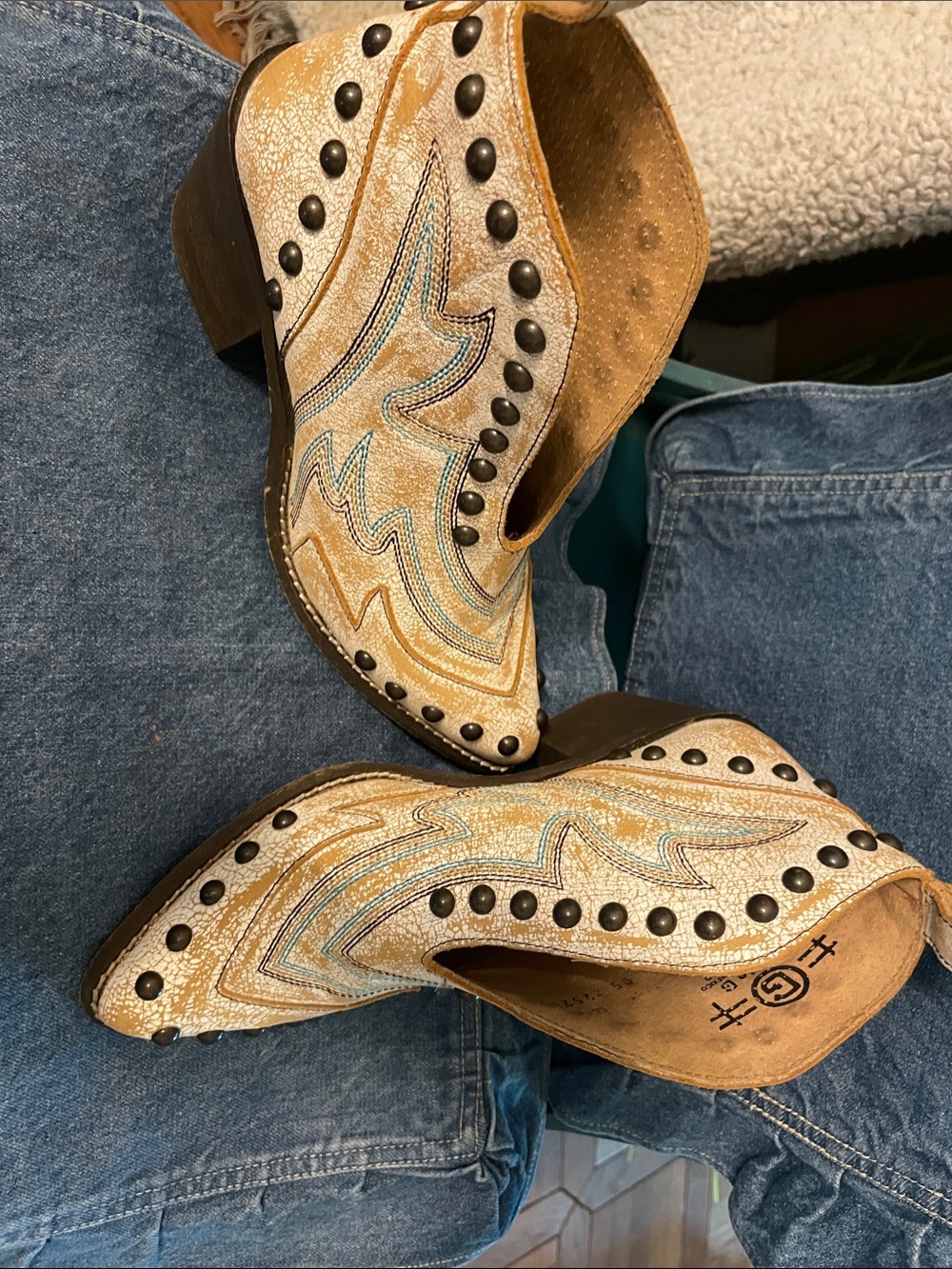 Studded Western Ankle Boots in Tan and Cream